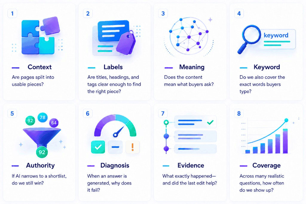 Eight Oppkey content path steps: Context, Labels, Meaning, Keyword, Authority, plus Inspect tools Diagnosis, Coverage, Snapshots, and Compare
